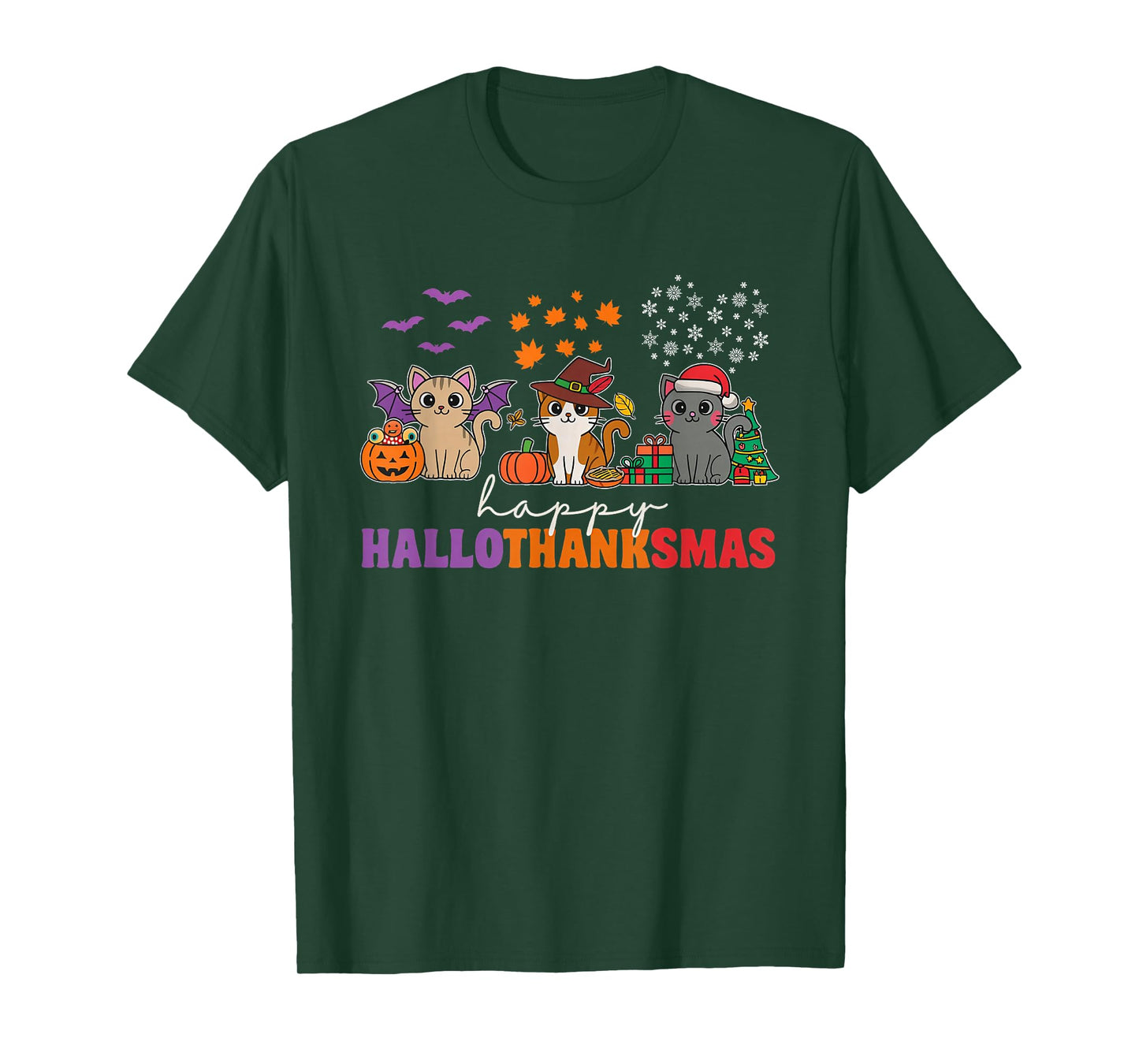 Happy HalloThanksMas Cats Halloween Thanksgiving Christmas T-Shirt