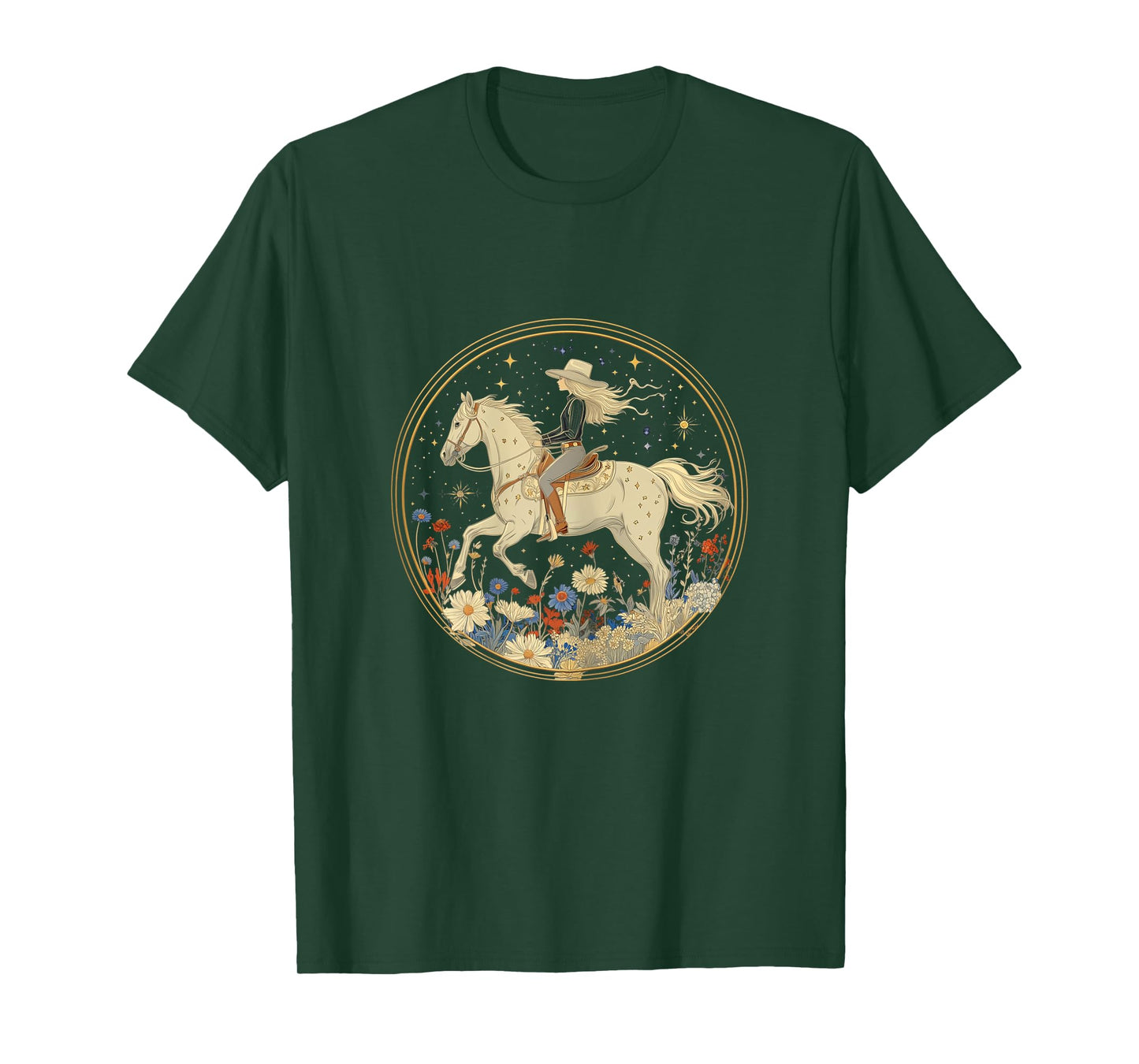 Cowgirl Riding Horse In Wildflower Field Floral Horse Girl T-Shirt