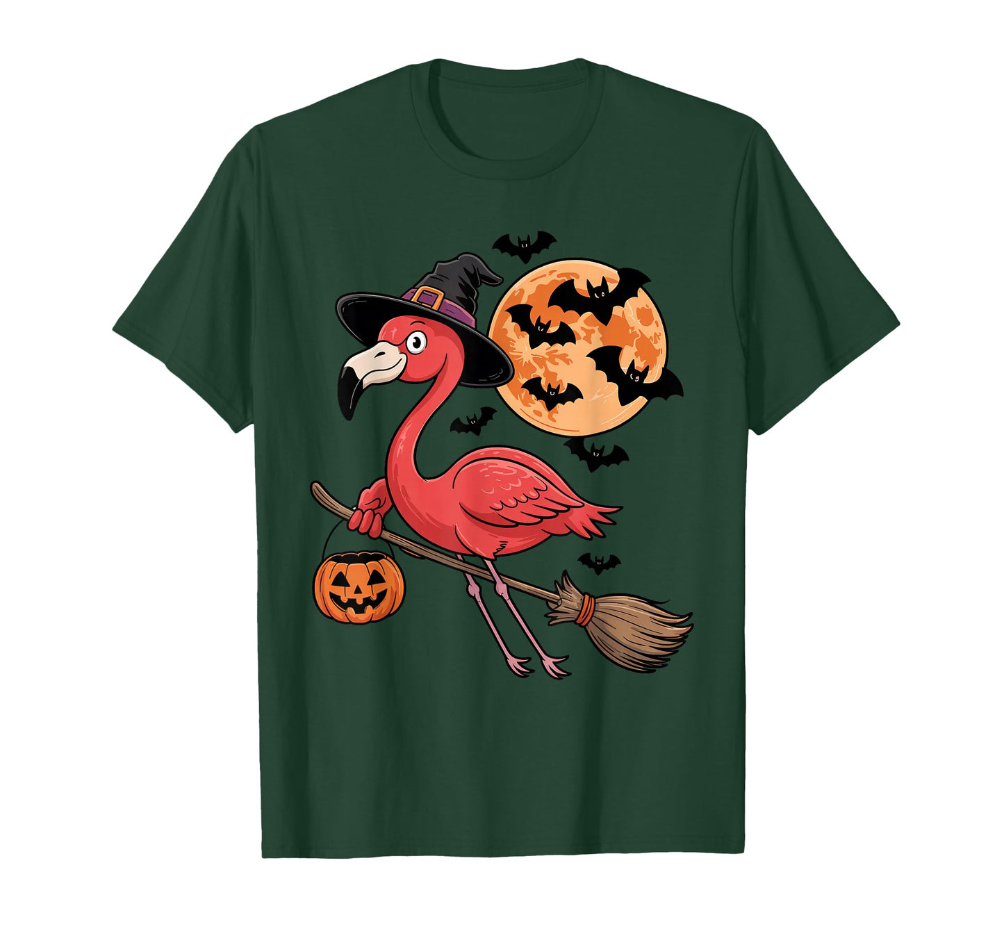 Cute Flamingo Witch Riding Broom Halloween Pumpkin Kids Boys T-Shirt