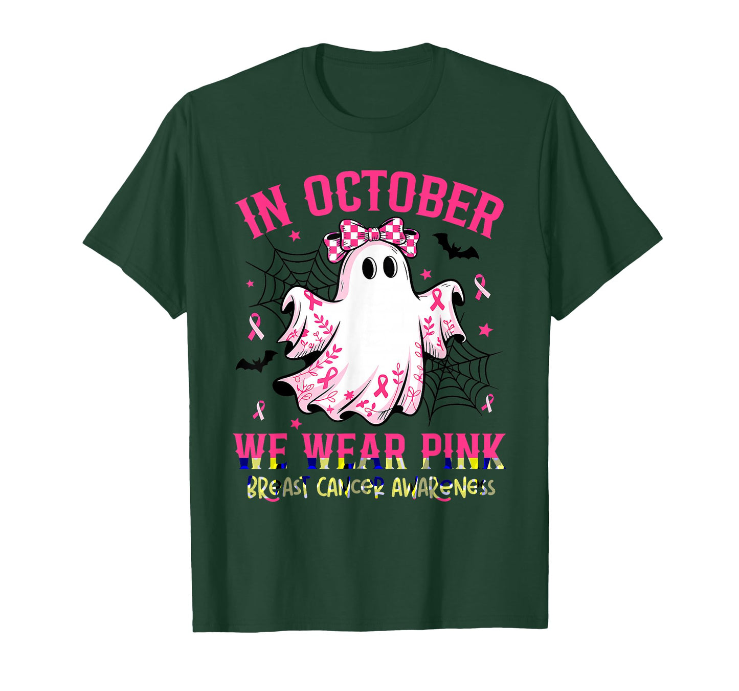 in October We Wear Pink Ghost Witch Breast Cancer Awareness T-Shirt