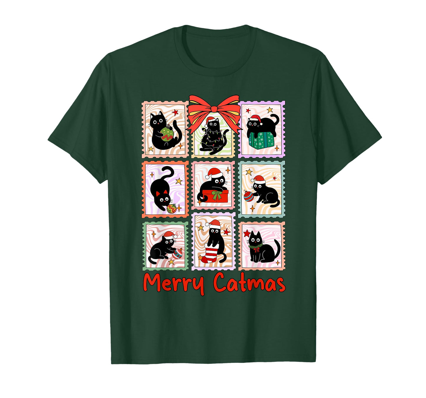 Merry Catmas Black Cat Meowy Christmas Santa Hat Women Kids T-Shirt