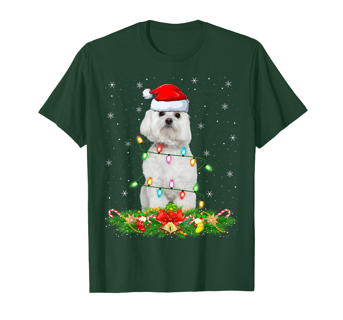 Maltese Dog Christmas Lights Funny Santa Hat Xmas T-Shirt