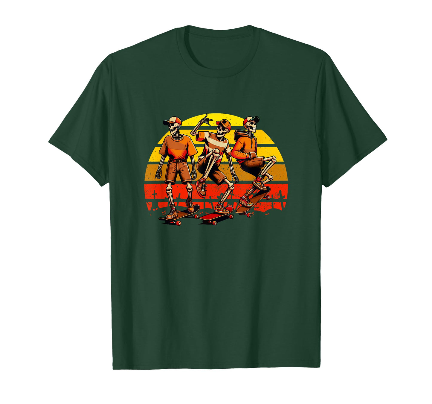 Vintage Retro Three Funny Skeletons Skateboarding Halloween T-Shirt