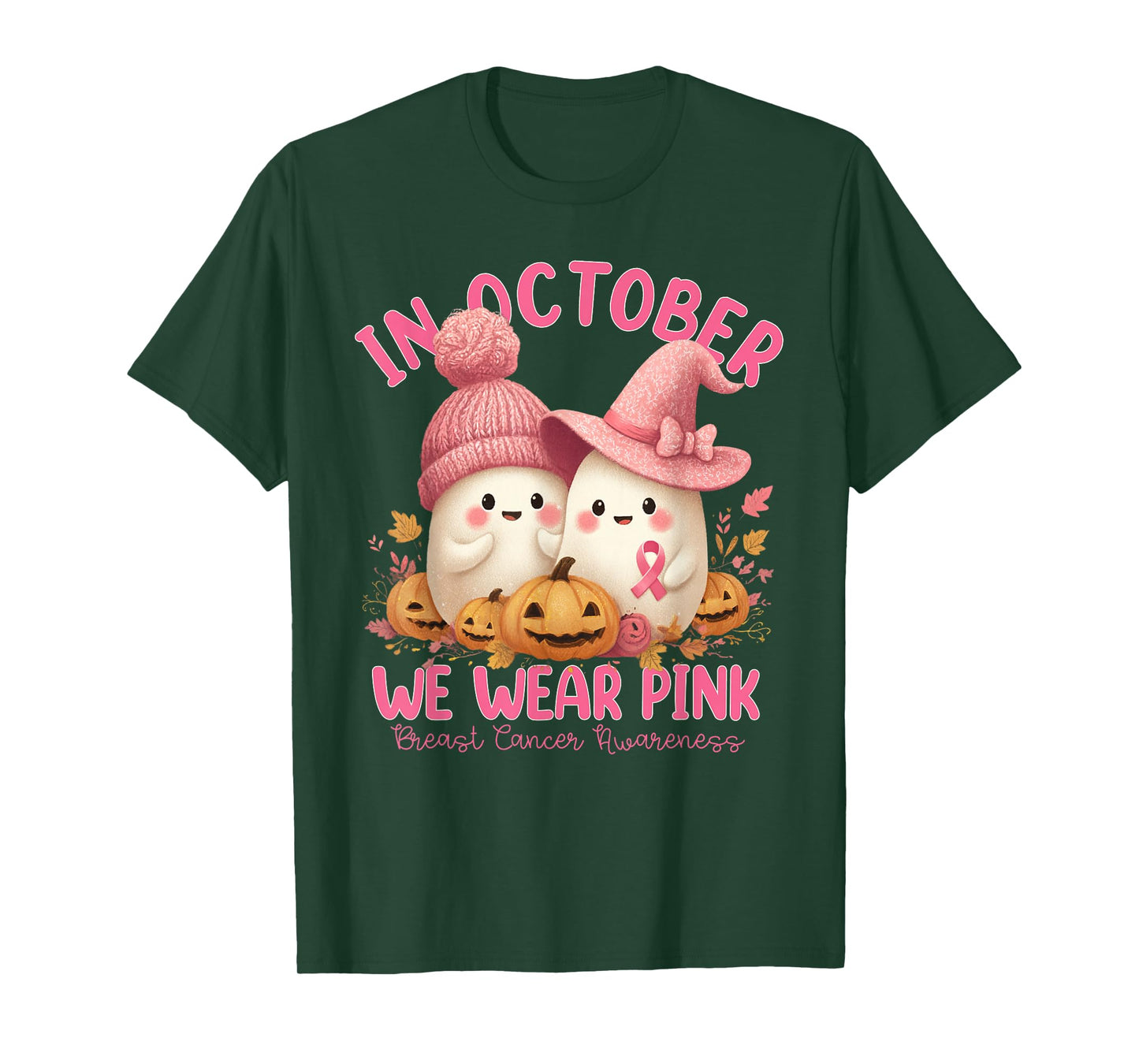 in October We Wear Pink Ghost Witch Breast Cancer Awareness T-Shirt