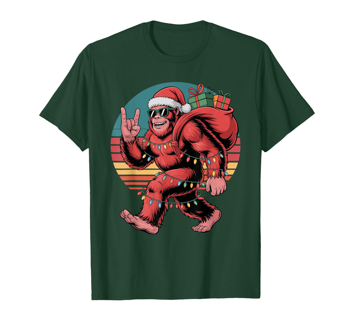 Retro Santa Bigfoot Christmas Funny Sasquatch Xmas Lights T-Shirt