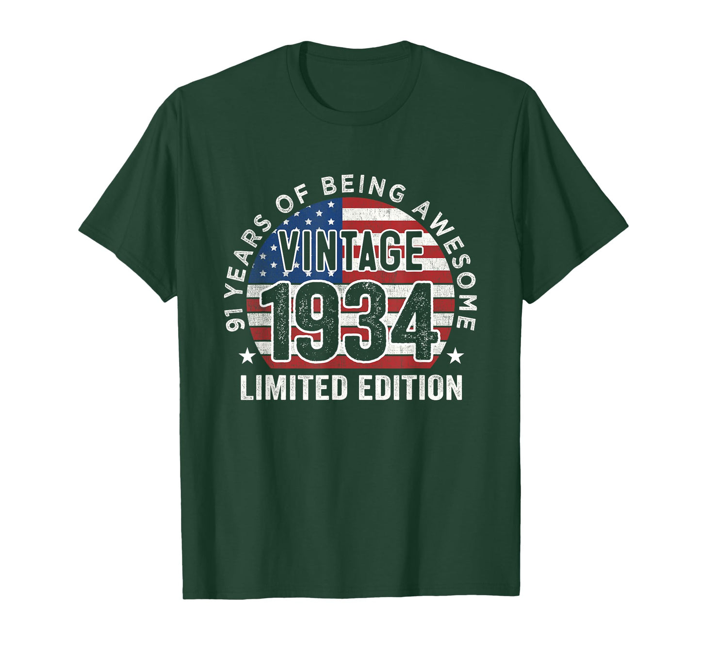 91st Birthday Gifts Men Vintage 1934 91 Years Old USA Flag T-Shirt