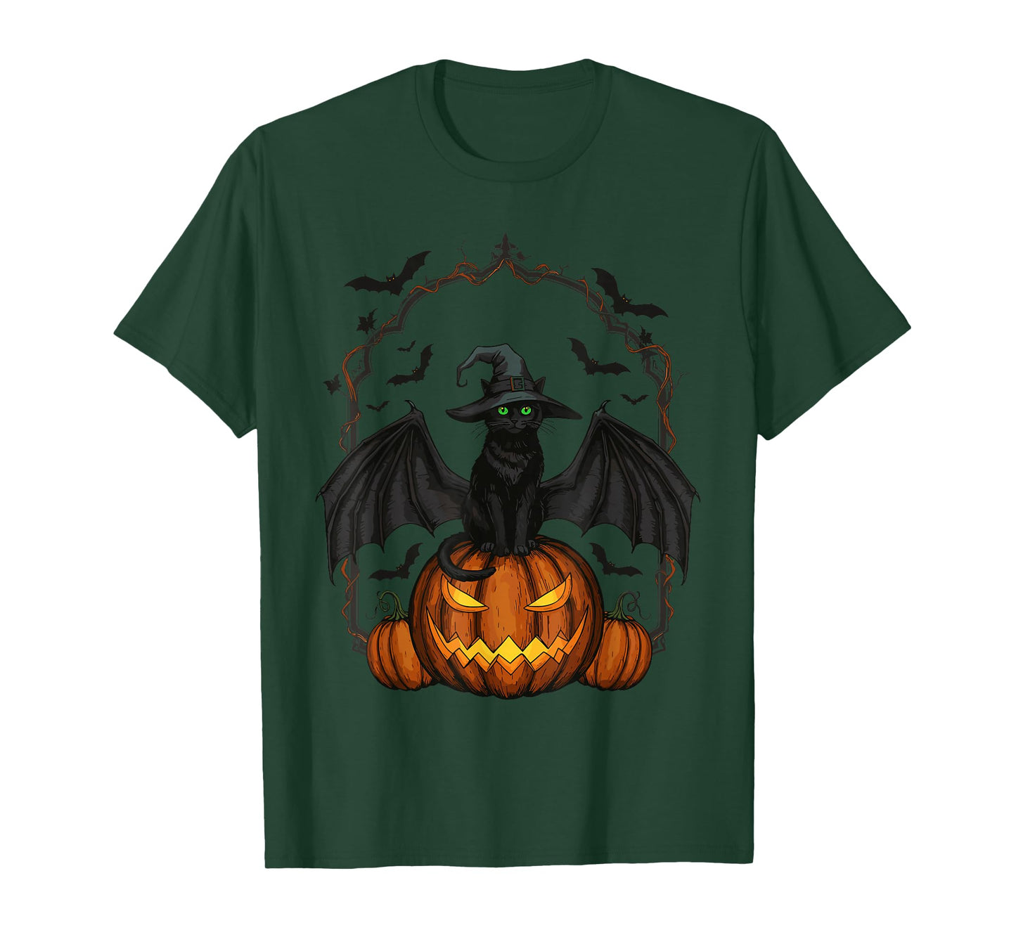 Cat Lovers Witch Hat Bats Pumpkin Spooky Halloween Night T-Shirt