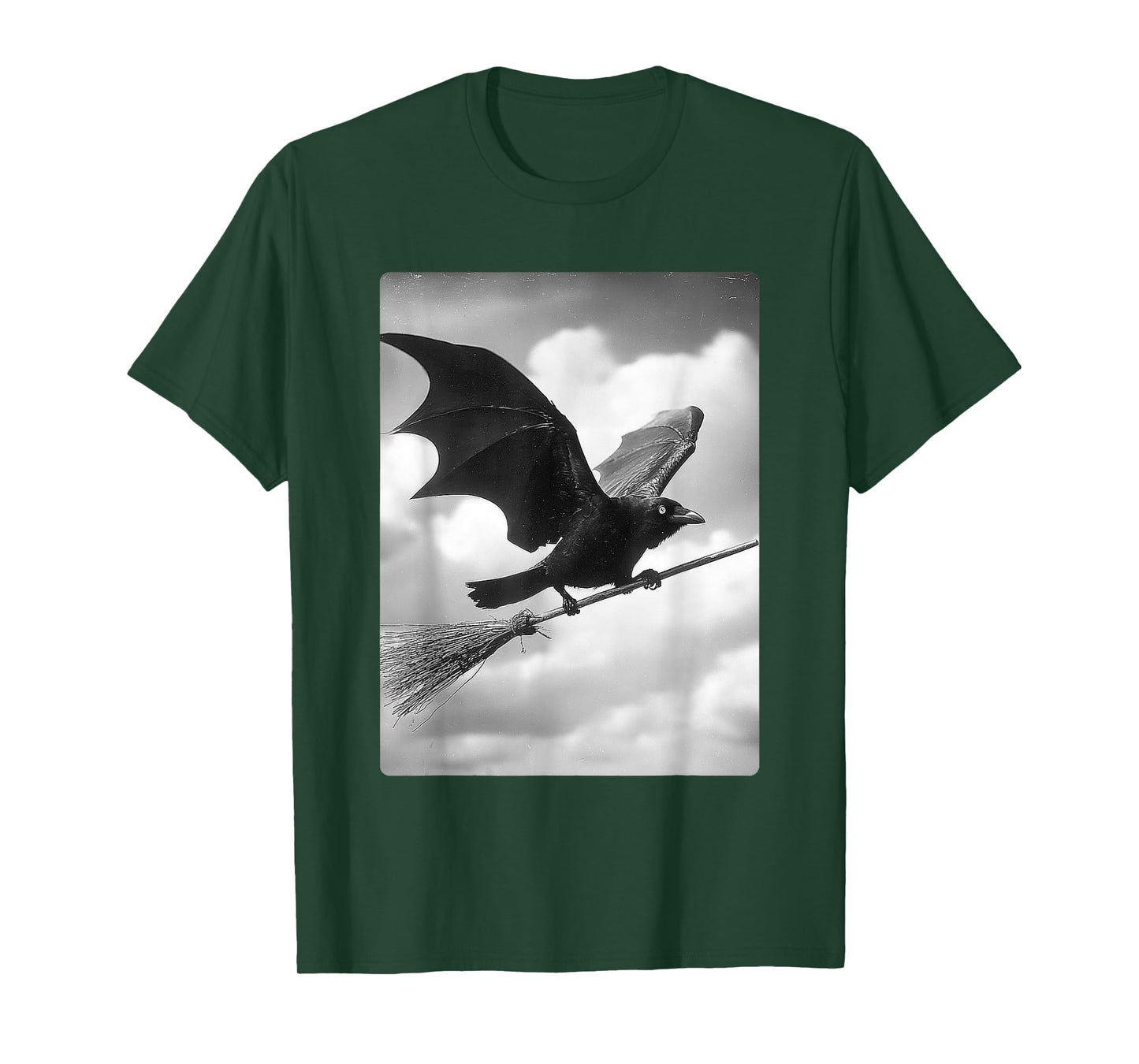 Gothic Crow Witch Broom Bat Wings Spooky Halloween Animal T-Shirt