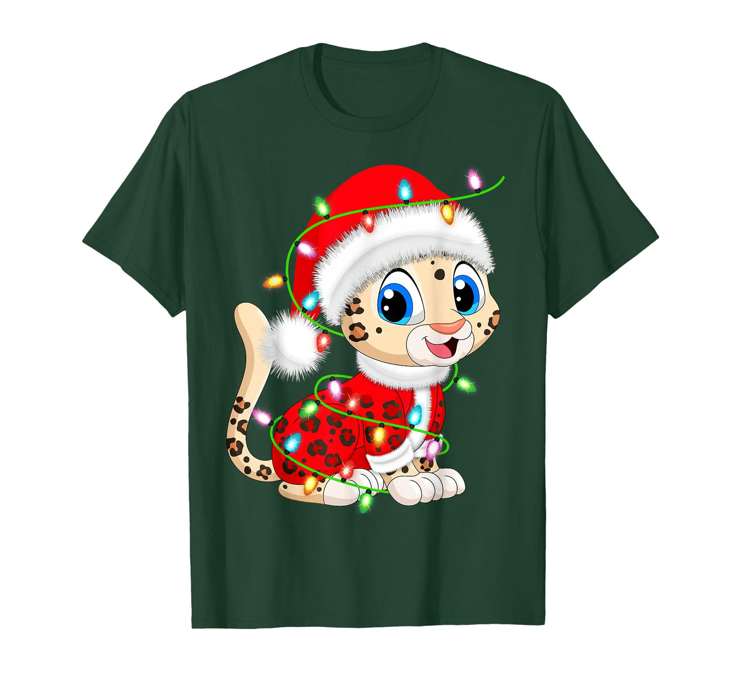 Leopard Christmas Lights Santa Costume Cute Animal Xmas T-Shirt