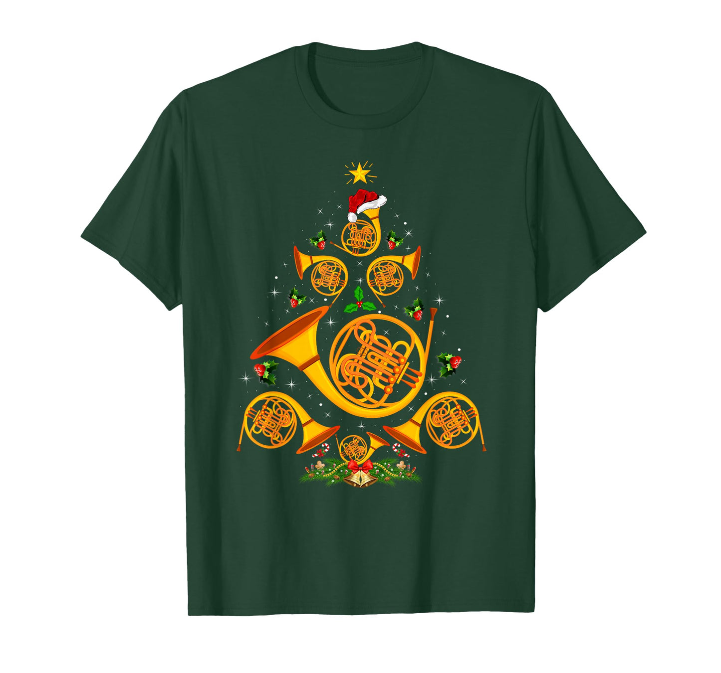French Horn Christmas Tree Lights Music Lover Musical Xmas T-Shirt