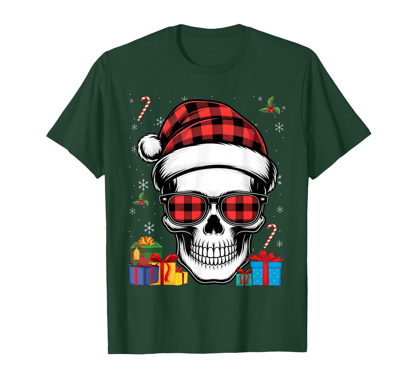 Skull Plaid Santa Hat Christmas Pajama Cool Skeleton X-Mas T-Shirt