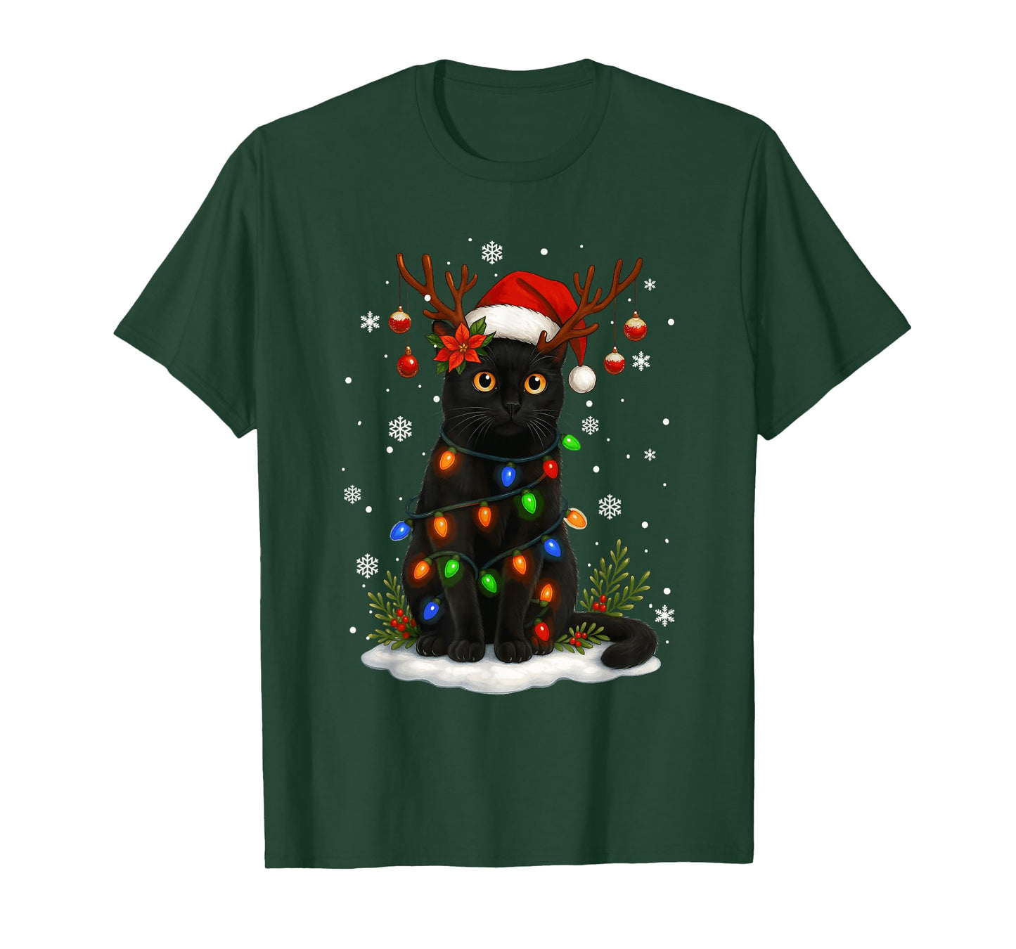 Black Cat Christmas Santa Hat Lights Funny Cats Women Mom T-Shirt