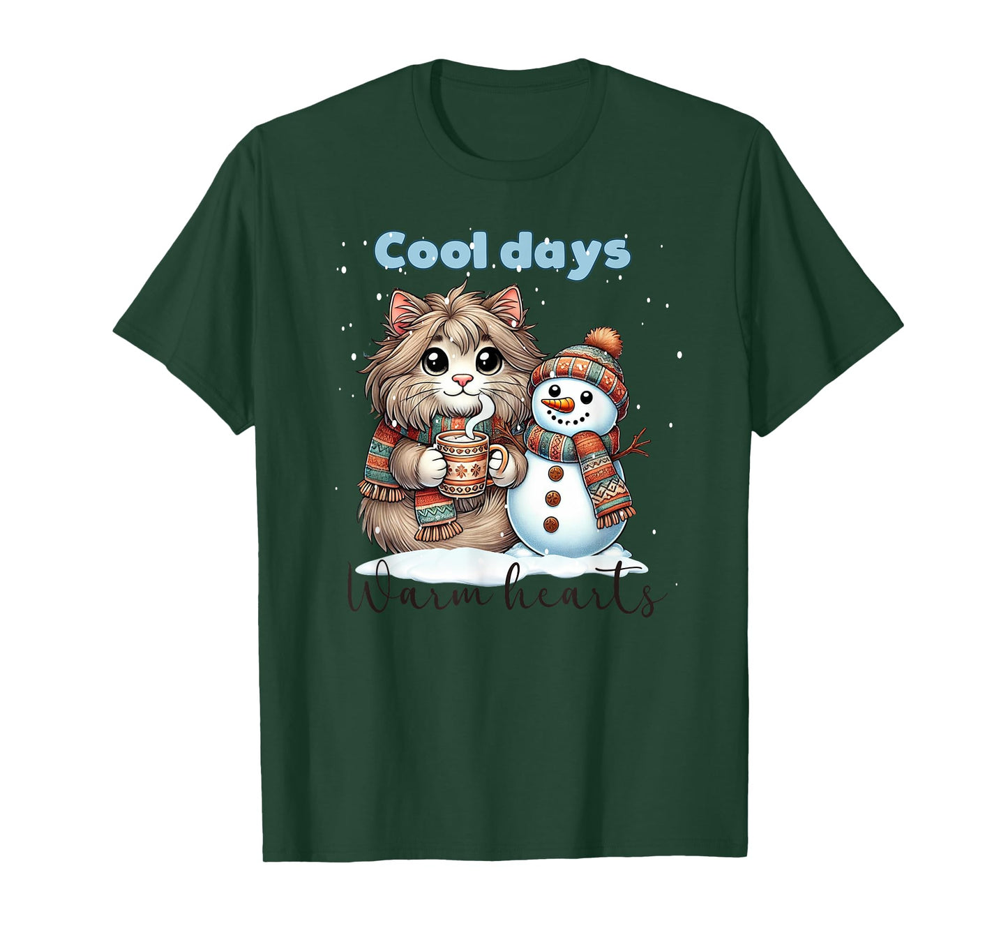 Kitty Cat and Snowman Friends Share Coffee in Winter Snow T-Shirt