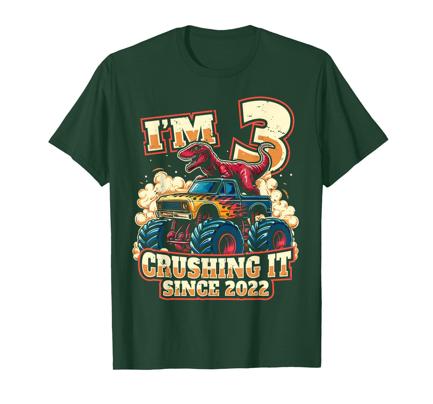3 Year Old Boys 3rd Birthday Dinosaur Monster Truck Party T-Shirt