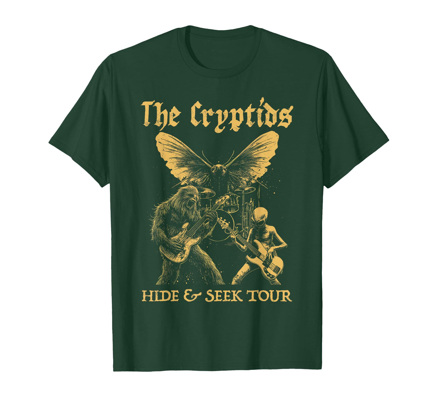 The Cryptids Bigfoot Alien Mothman Grunge Heavy Metal Rock T-Shirt