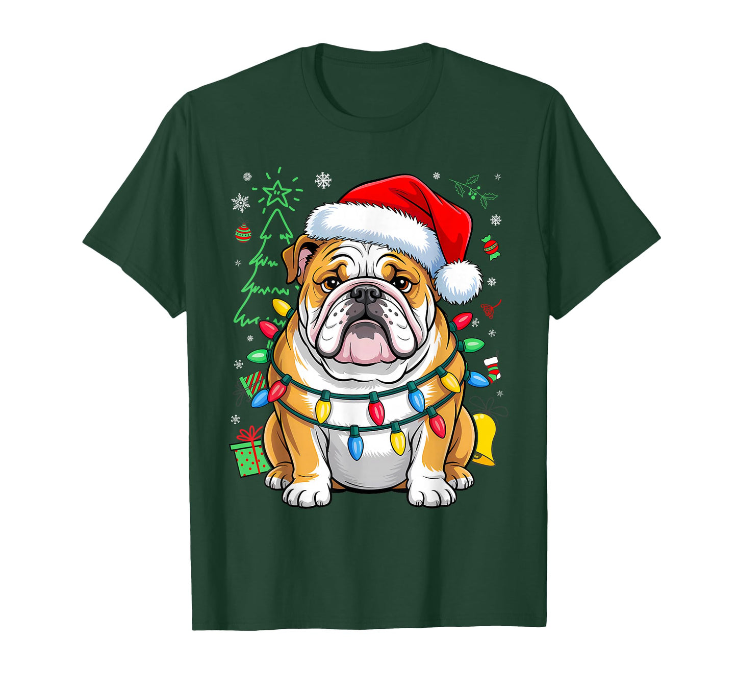 English Bulldog Santa Christmas Tree Lights Xmas Boys Dog T-Shirt