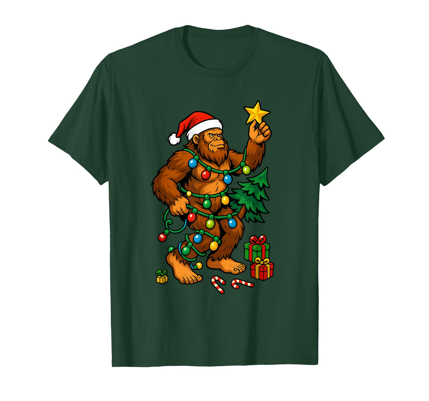 Bigfoot Tree Christmas Lights Snowflake Holiday Candy Xmas T-Shirt