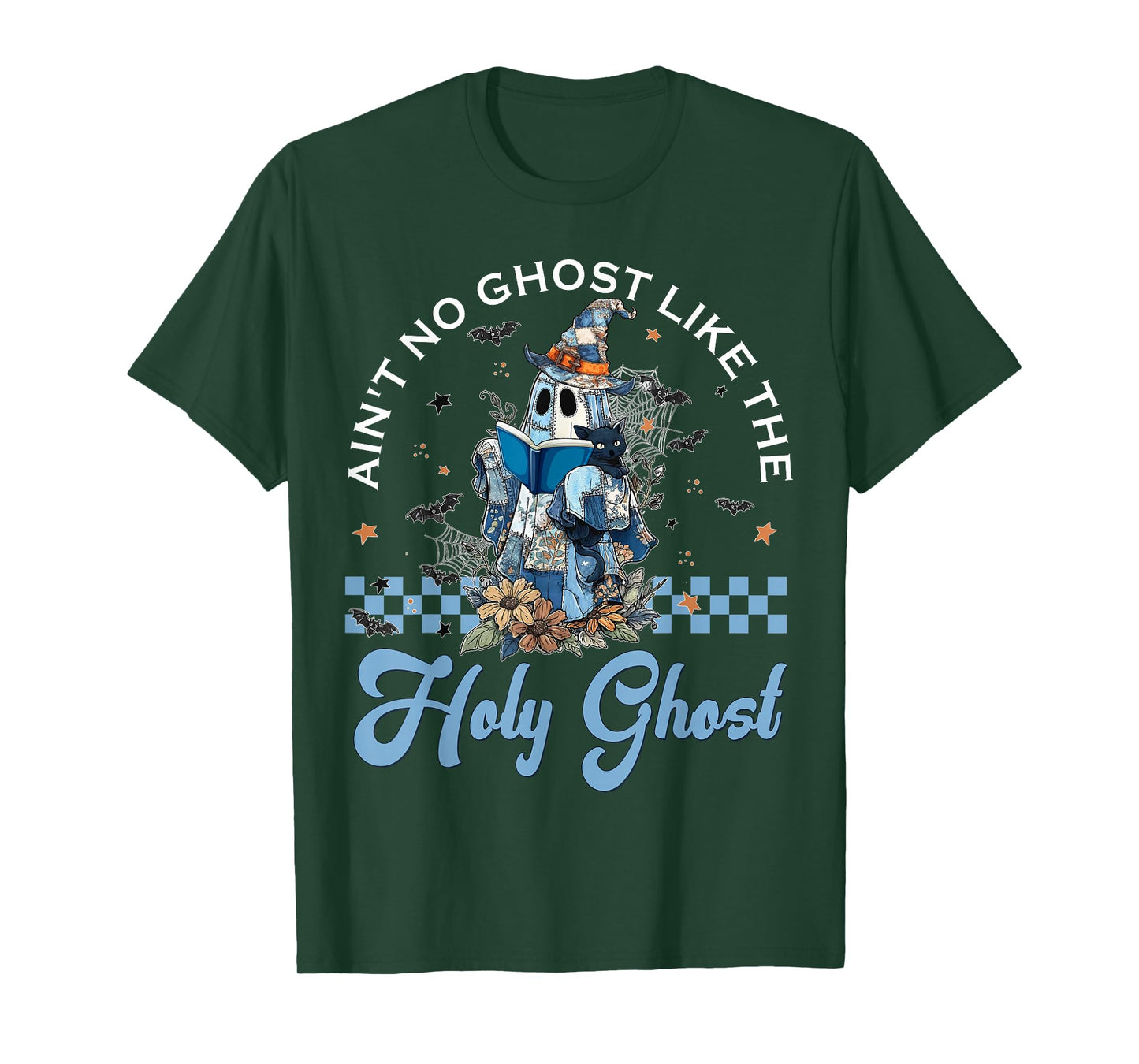 Retro Checkered Floral Denim Ghost Black Cat Witch Halloween T-Shirt