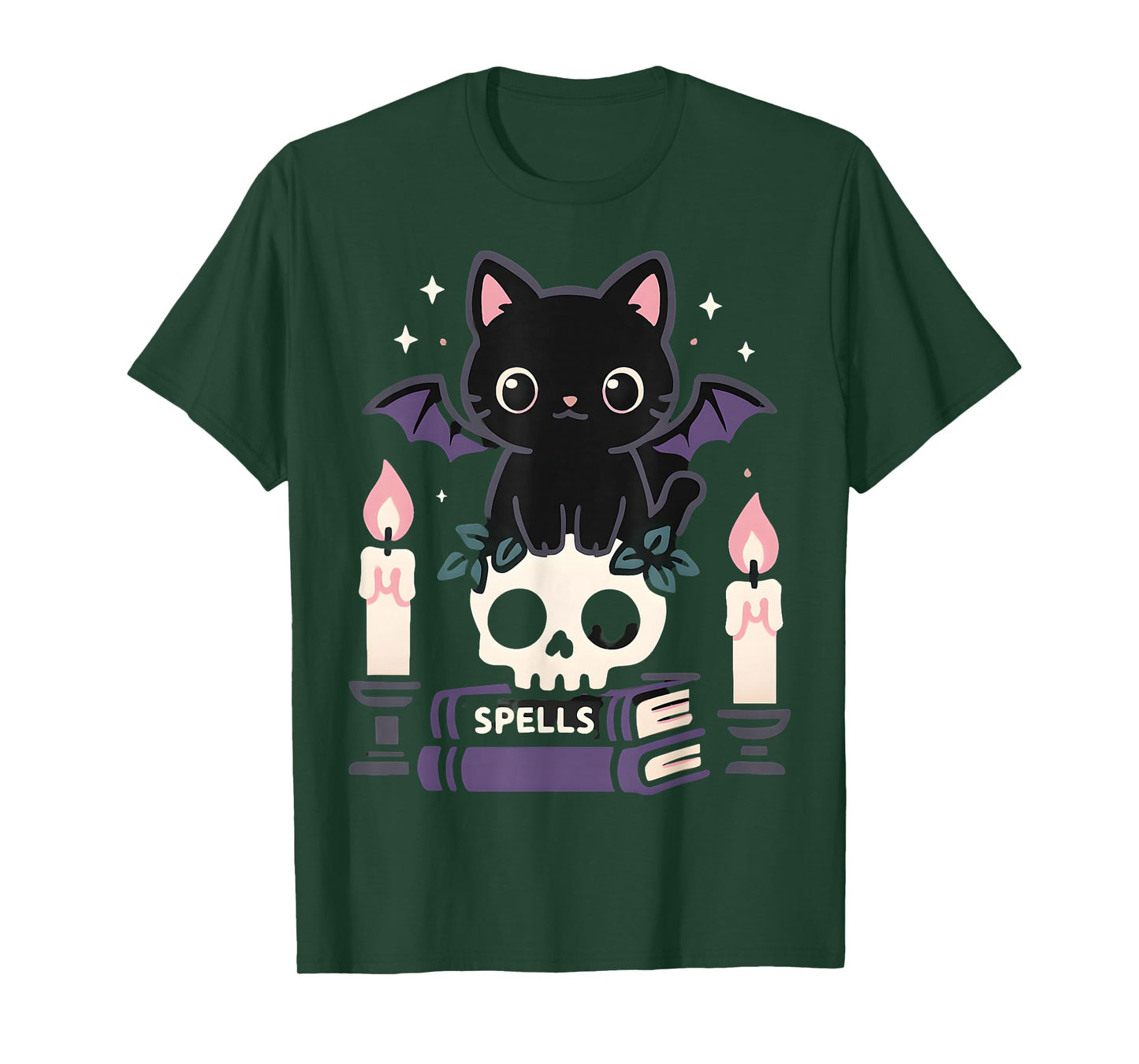 Cute Black Cat with Bat Wings and Spells Design 4 Halloween T-Shirt