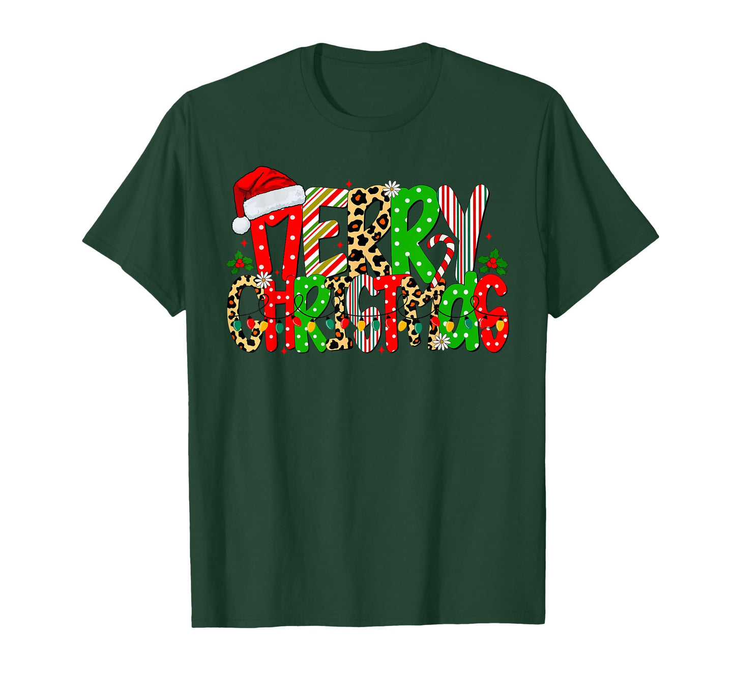 Retro Merry Christmas Lights Santa Leopard Men Women Kids T-Shirt