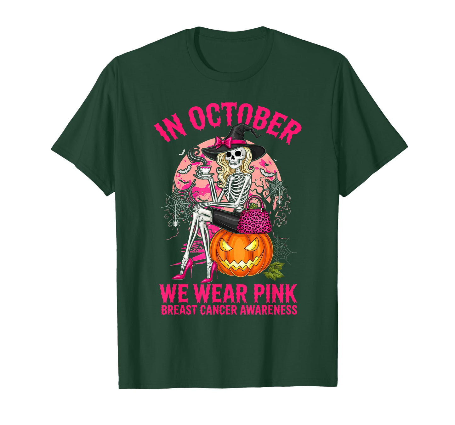 Halloween Breast Cancer Awareness Spooky Skeleton Witch T-Shirt