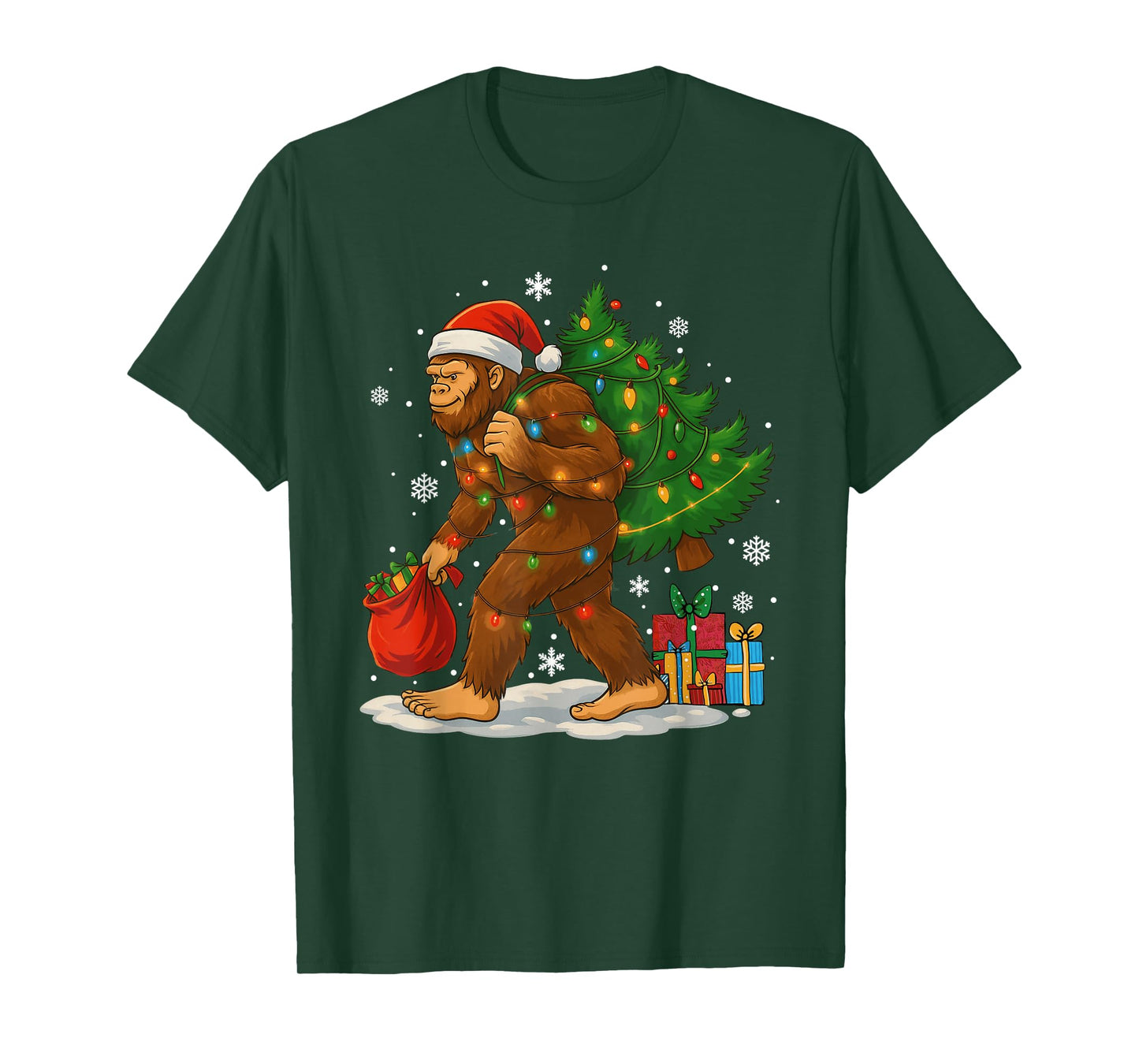 Christmas Bigfoot Santa Hat Tree Lights Xmas Boys Men Kids T-Shirt