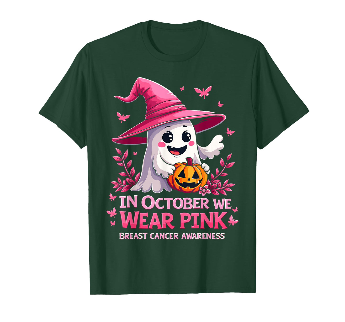 in October We Wear Pink Ghost Witch Breast Cancer Awareness T-Shirt