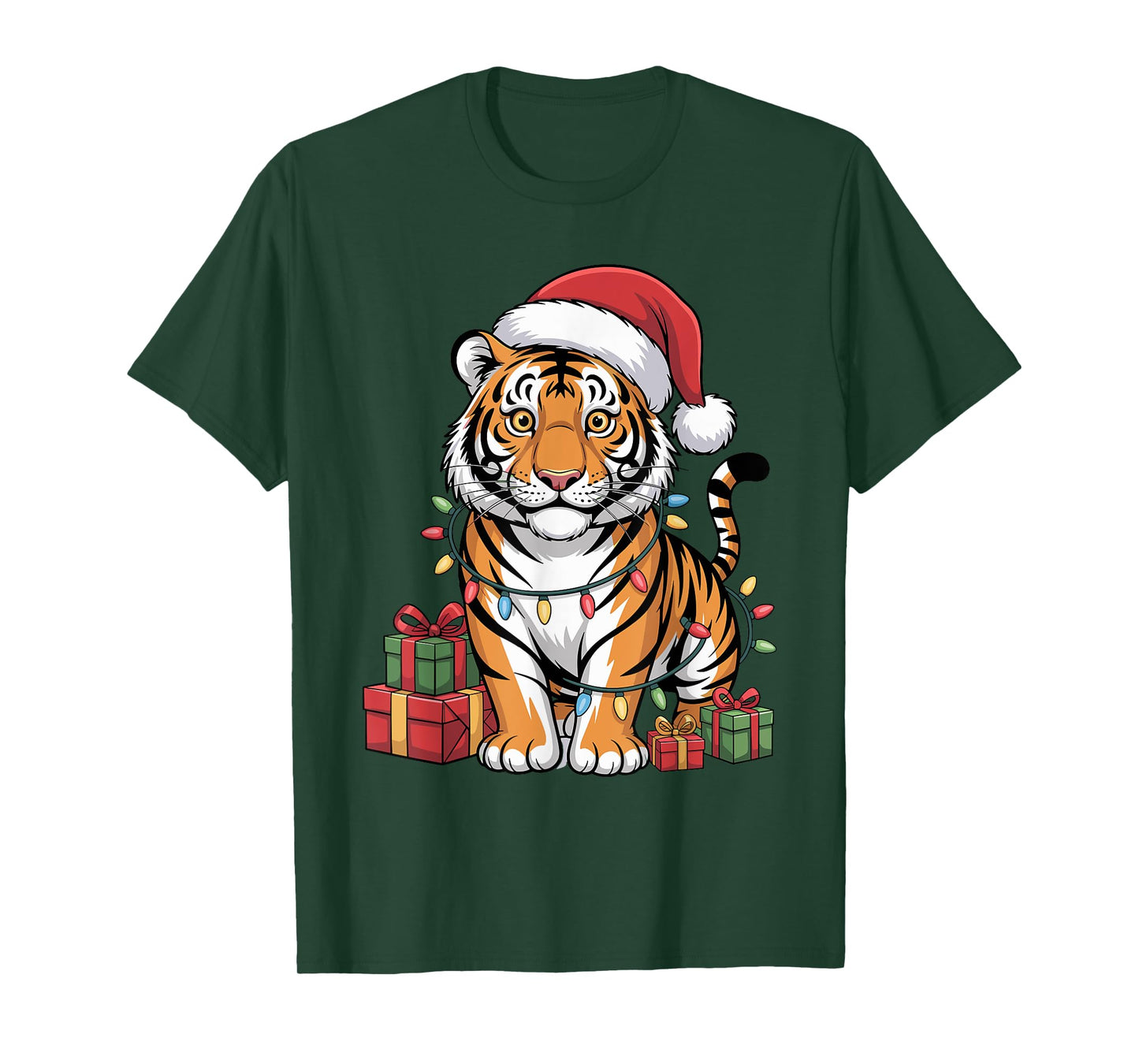 Funny Tiger Santa Hat Animals Lovers Ugly Christmas Pajamas T-Shirt