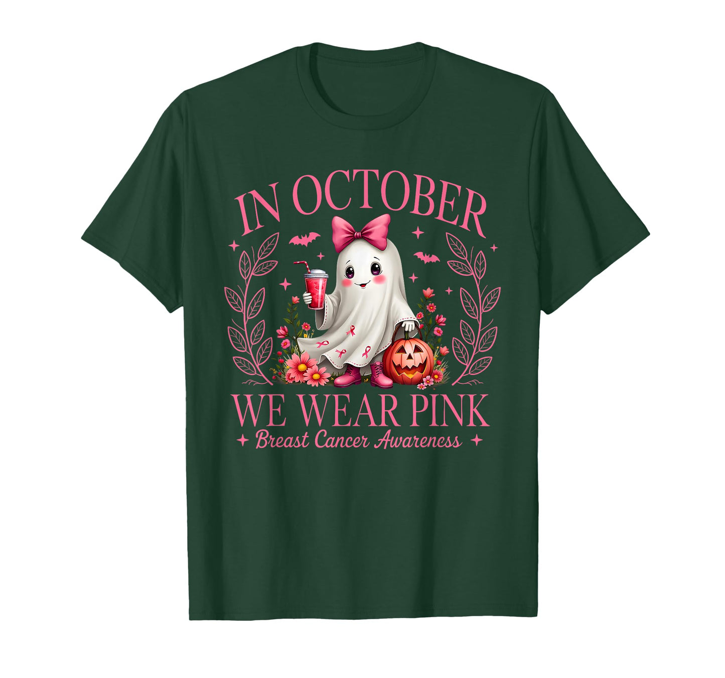 in October We Wear Pink Ghost Witch Breast Cancer Awareness T-Shirt
