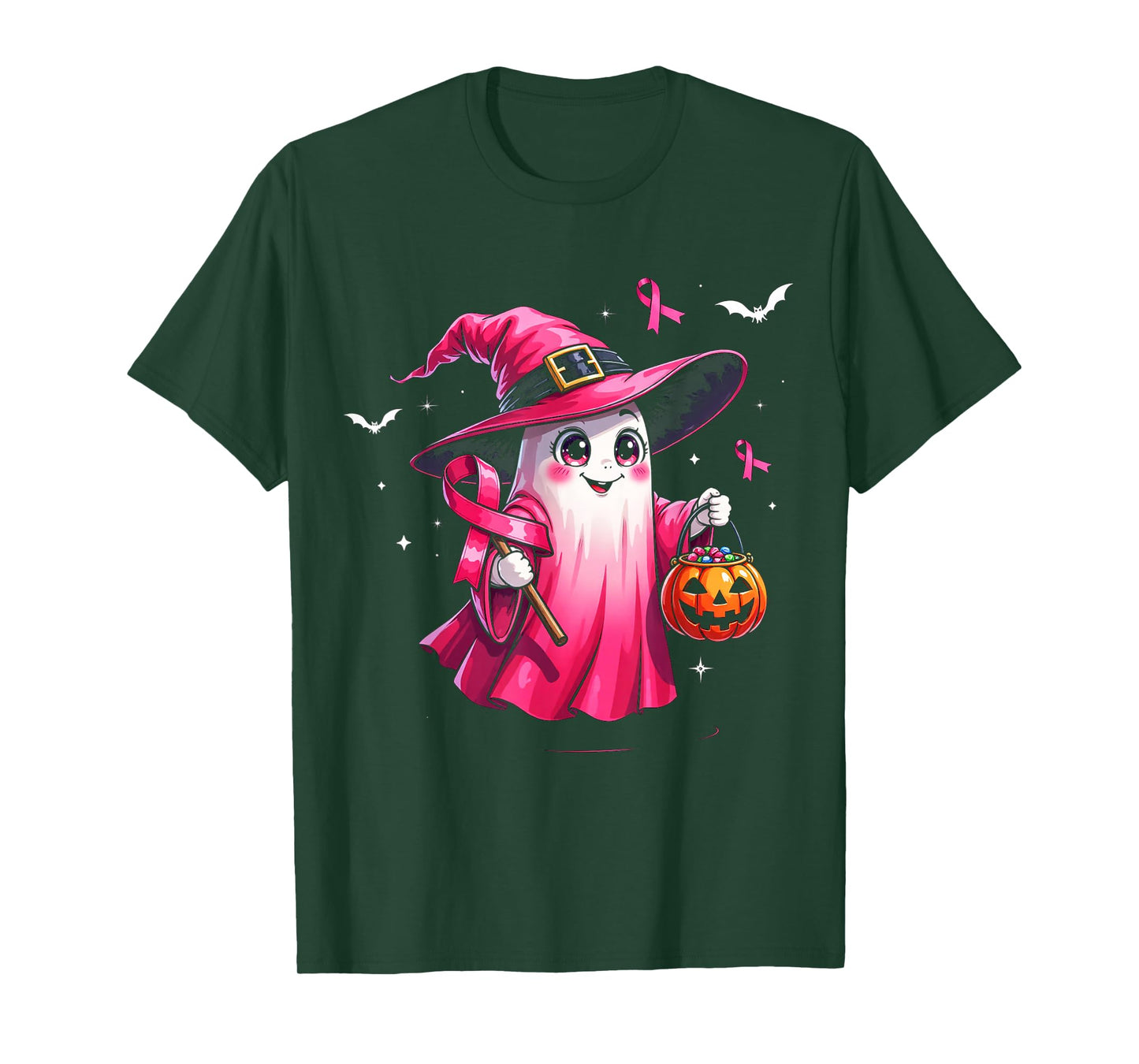 Cute Pink Ghost with Witch Hat Breast Cancer Awareness 2025 T-Shirt