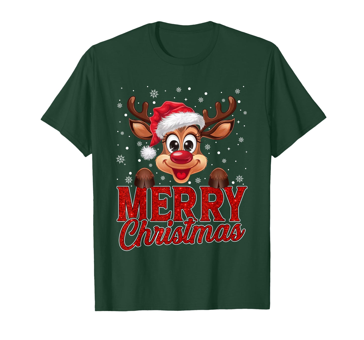 Merry Christmas Rudolph Reindeer Santa Hat Xmas Snowflakes T-Shirt