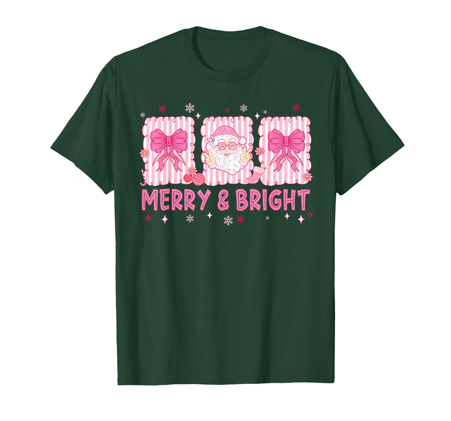Preppy Merry and Bright Pink Santa Coquette Bow Girl Women T-Shirt