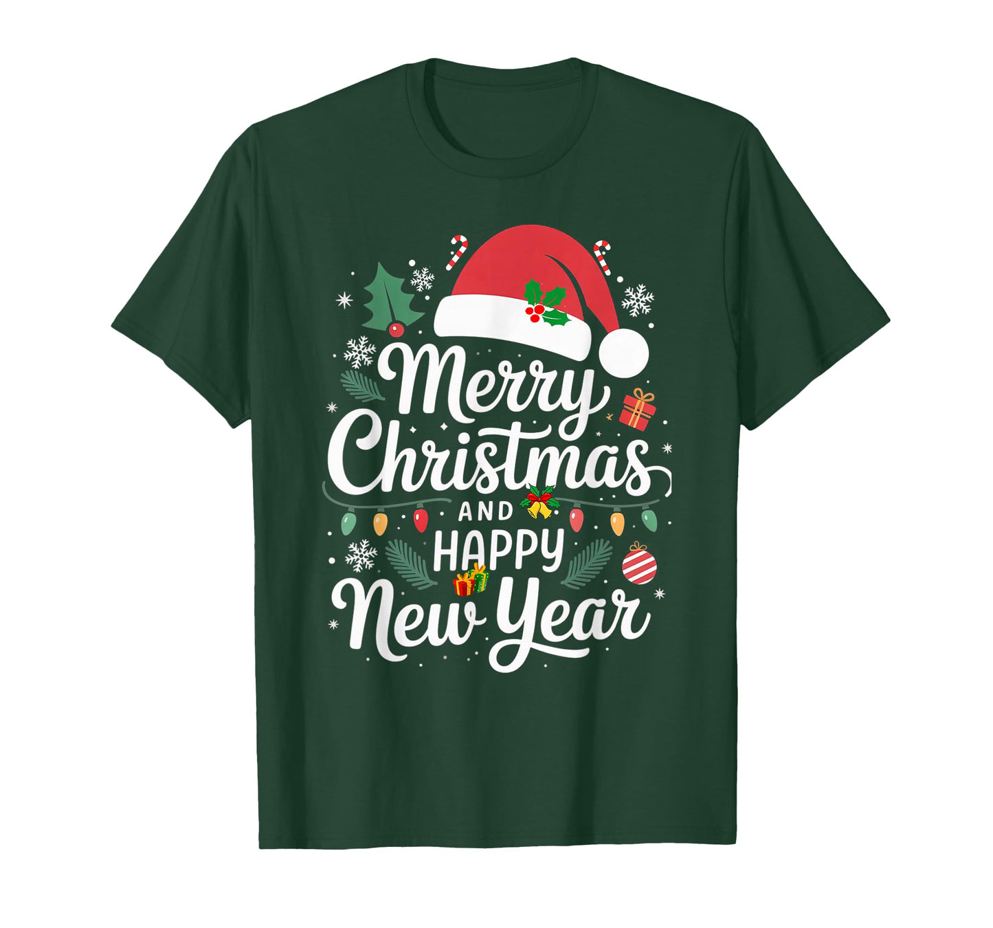 Merry Christmas Lights Red Santa Hat and Happy New Year T-Shirt
