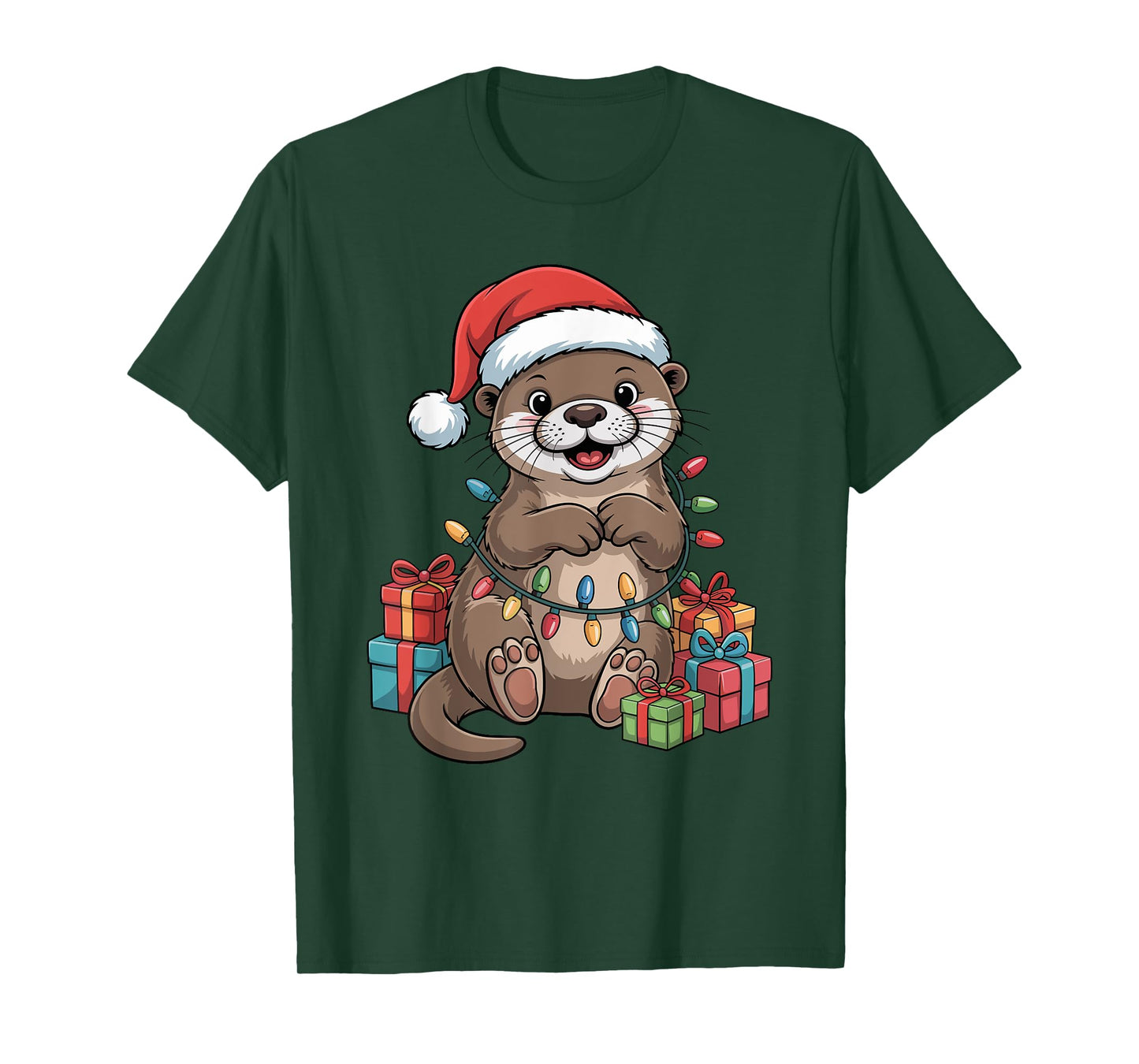 Funny Otter Santa Hat Animals Lovers Ugly Christmas Pajamas T-Shirt