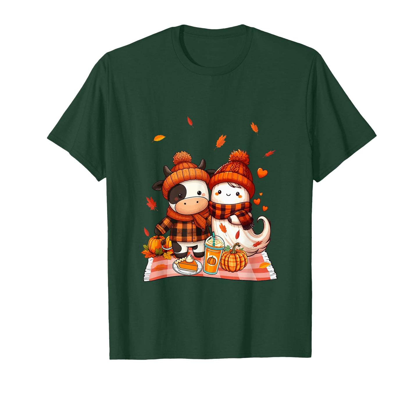 Cow with Boo Halloween Thanksgiving Fall Leaves Pumpkins T-Shirt