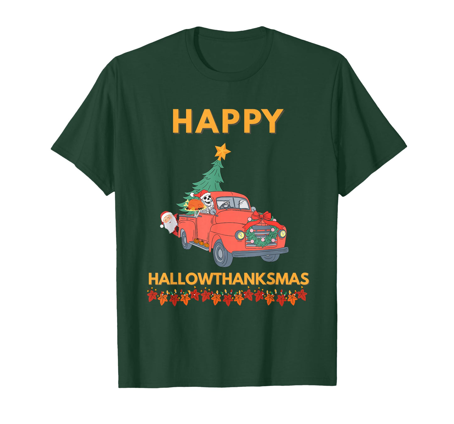 Skeleton Driving Santa Hallowthanksmas Funny Holiday Joke T-Shirt