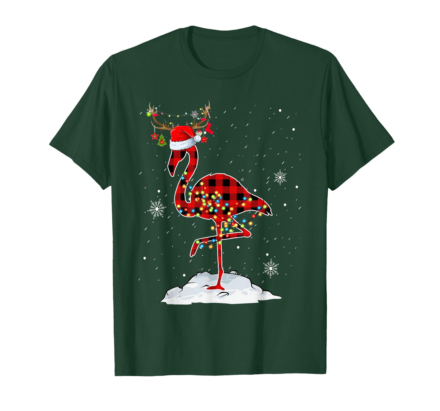 Christmas Buffalo Plaid Red Flamingo Santa Hat Xmas Holiday T-Shirt