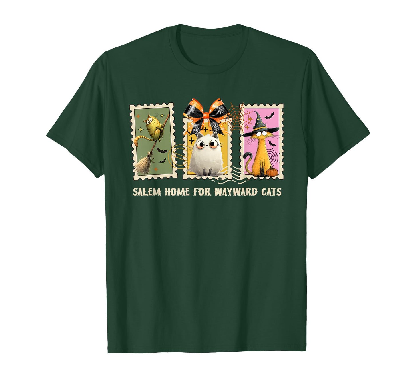 Funny Witch Cats Kittens Halloween Postage Stamps Cat Mom T-Shirt
