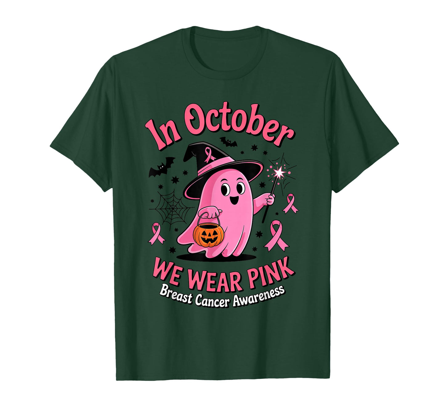 Cute Ghost Witch Pumpkin Breast Cancer Awareness Pink Ribbon T-Shirt