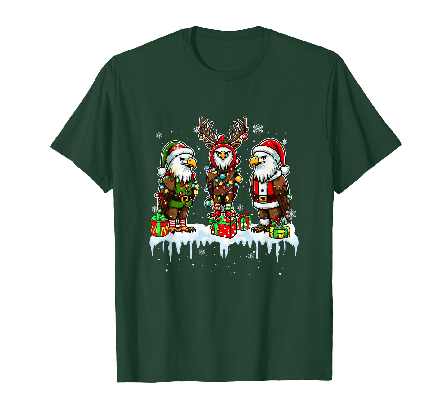 Three Santa Reindeer Elf Eagles Christmas Colorful Lights T-Shirt