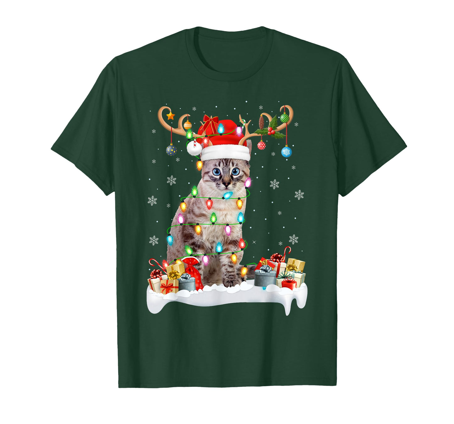 Cat Christmas Lights Santa Hat Pet Cat Lover Xmas Family T-Shirt