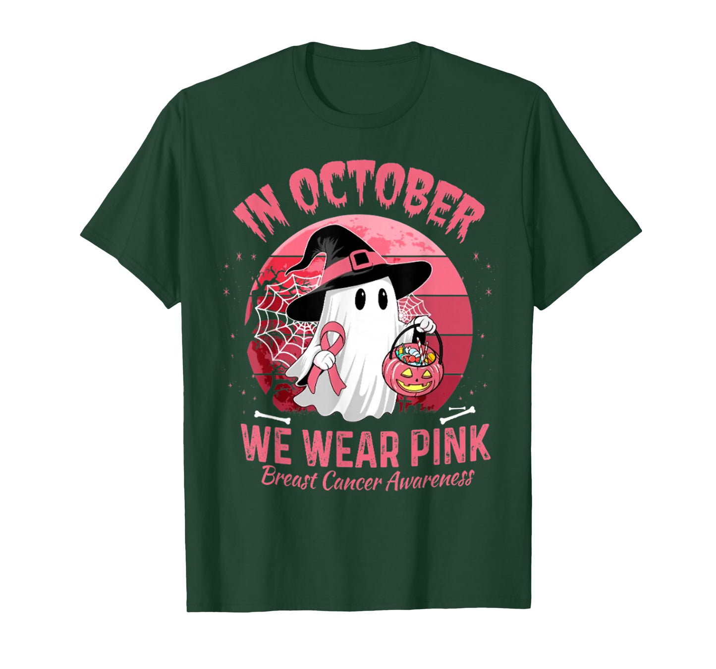 in October We Wear Pink Ghost Witch Breast Cancer Awareness T-Shirt