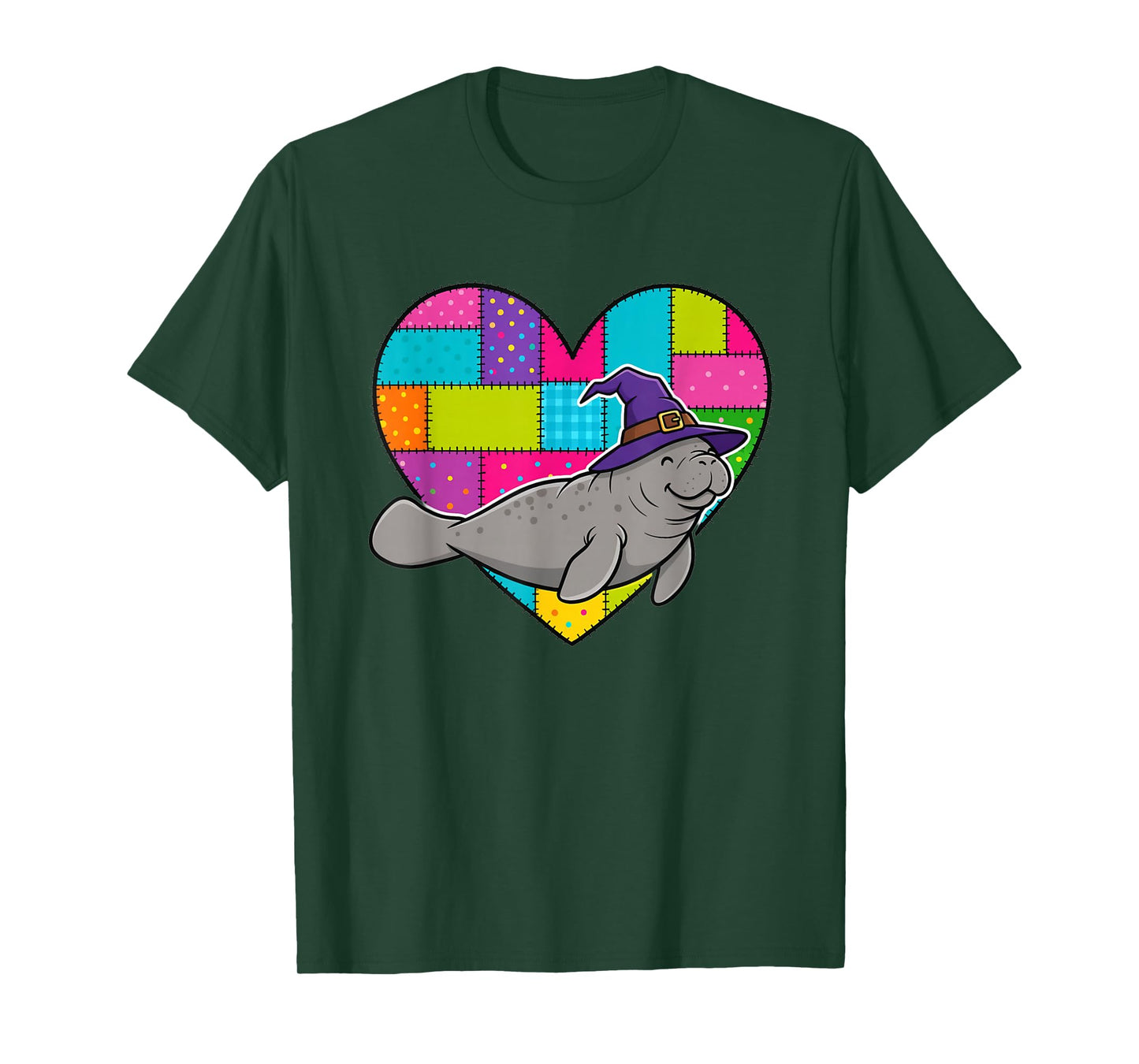 Manatee Witch Hat Patchwork Heart Halloween Autumn Fall T-Shirt