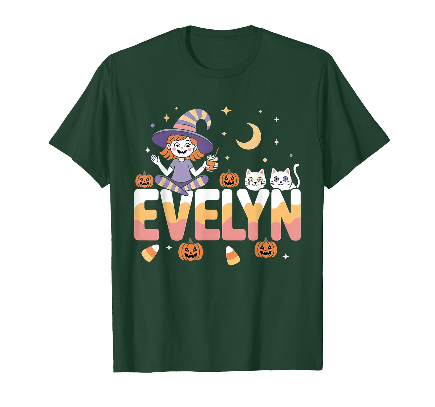 Evelyn Witch Candy Corn Cat Halloween Women and Girls T-Shirt