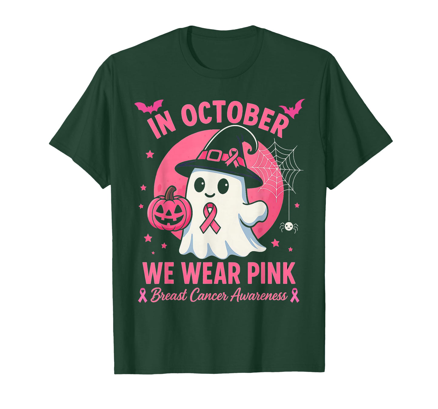 in October We Wear Pink Ghost Witch Breast Cancer Awareness T-Shirt