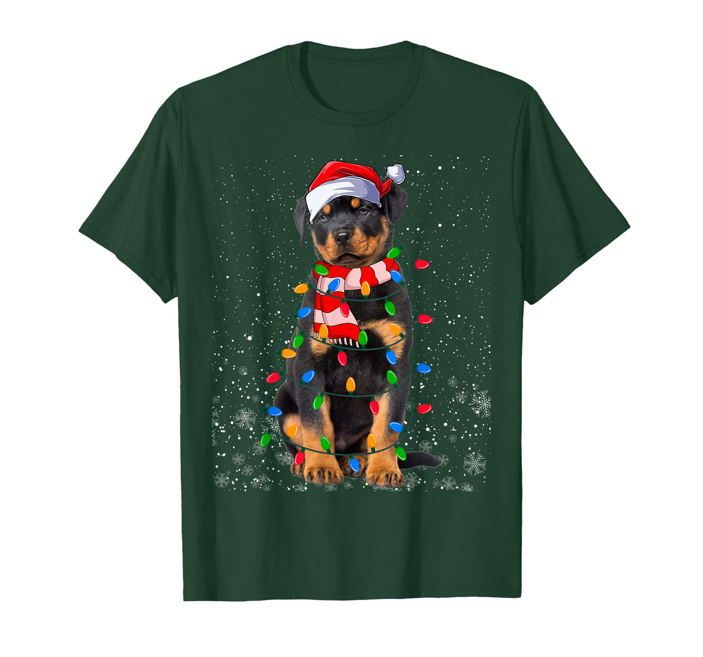 Rottweiler Dog Christmas Lights Funny Santa Hat Xmas T-Shirt
