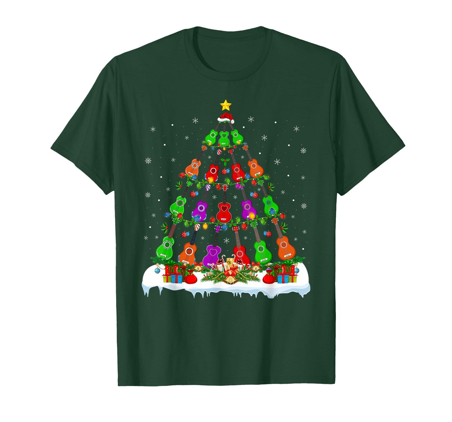Music Lover Musical Ukulele Guitar Christmas Tree Lights T-Shirt