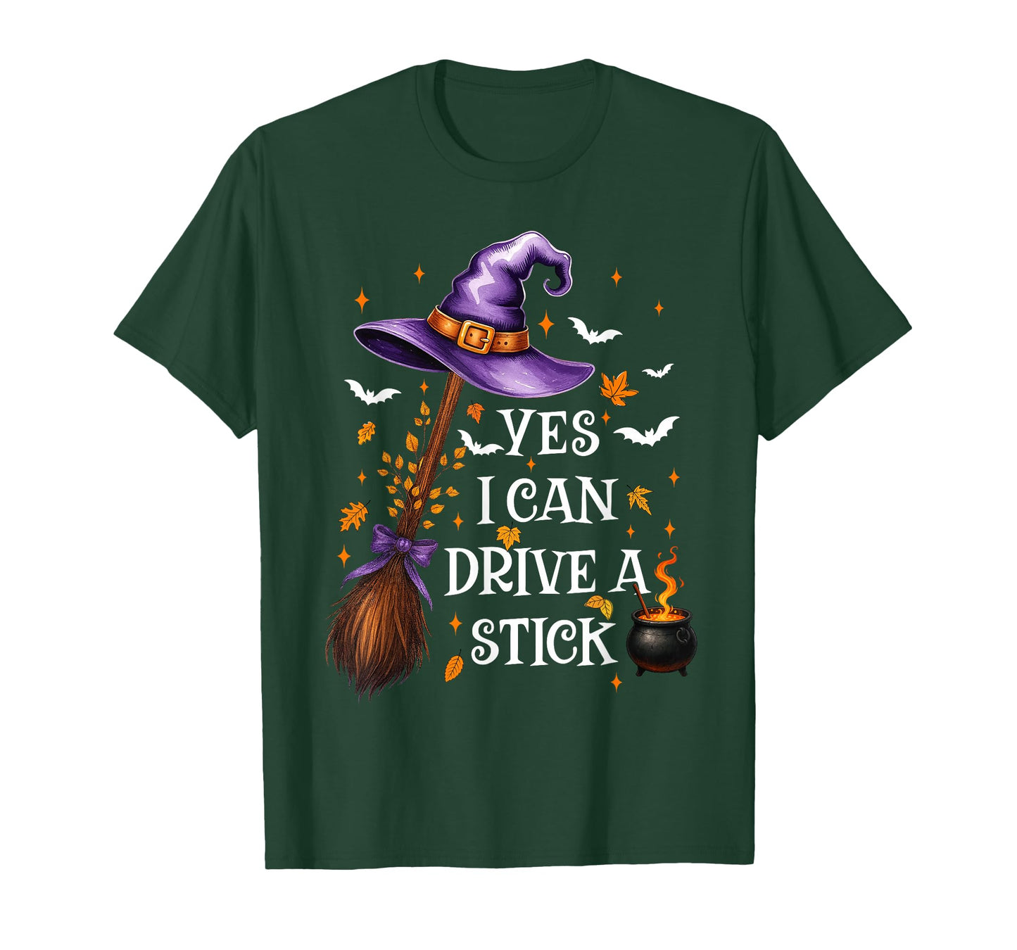 Yes I Can Drive A Stick Funny Halloween Spooky Witch Women T-Shirt