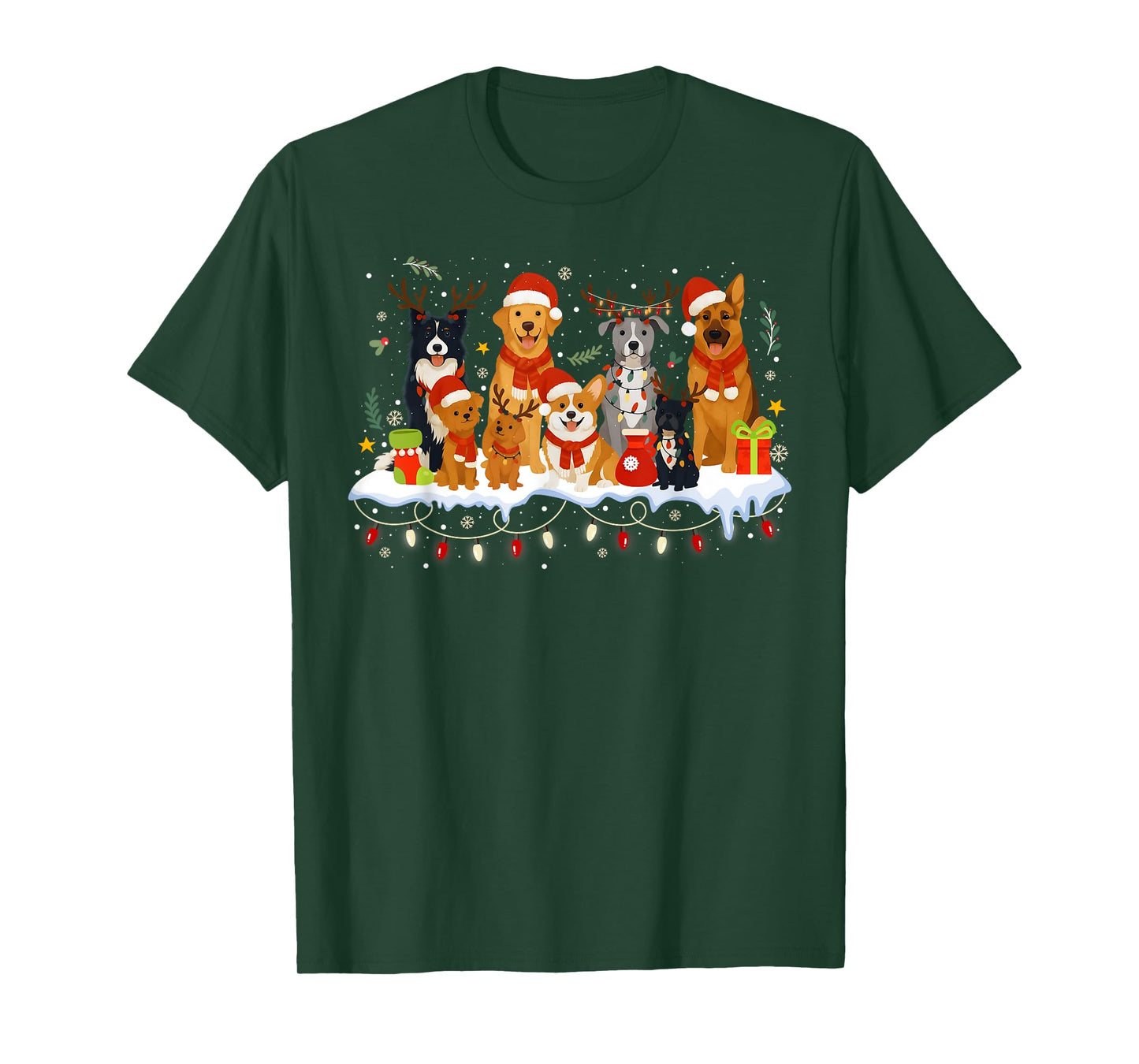 Cute Dogs in Santa Hats Xmas Holiday Christmas Lights T-Shirt
