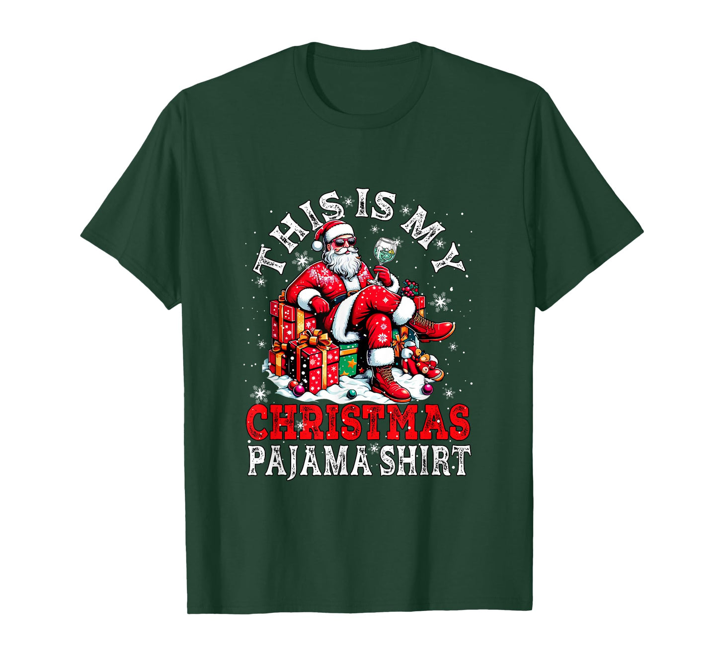 My Christmas Pajama Shirt Santa Sunglasses Drinking Gin T-Shirt
